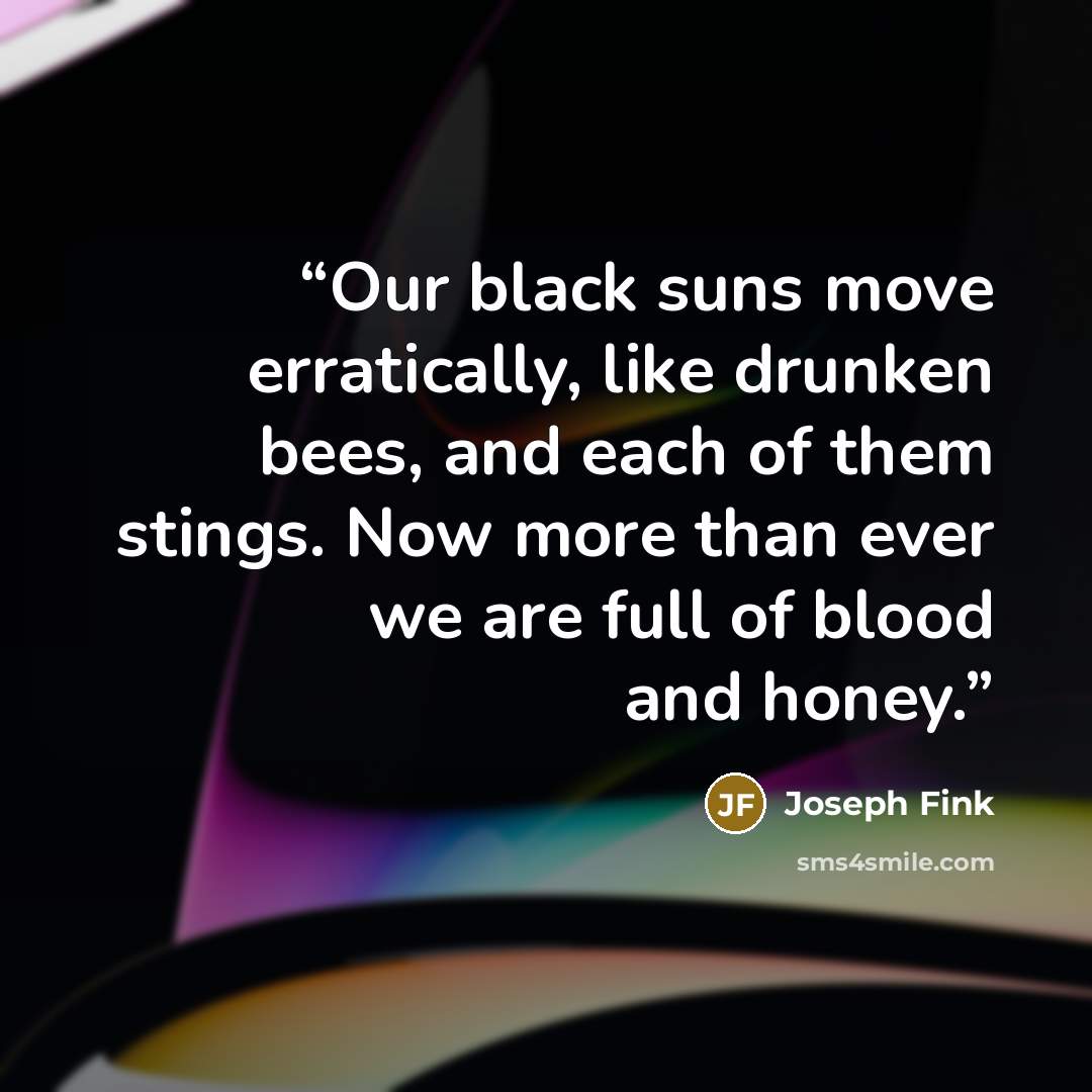“Our black suns move erratically, like drunken bees, and each of them stings. Now more than ever we are full of blood and honey.” quote by Joseph Fink