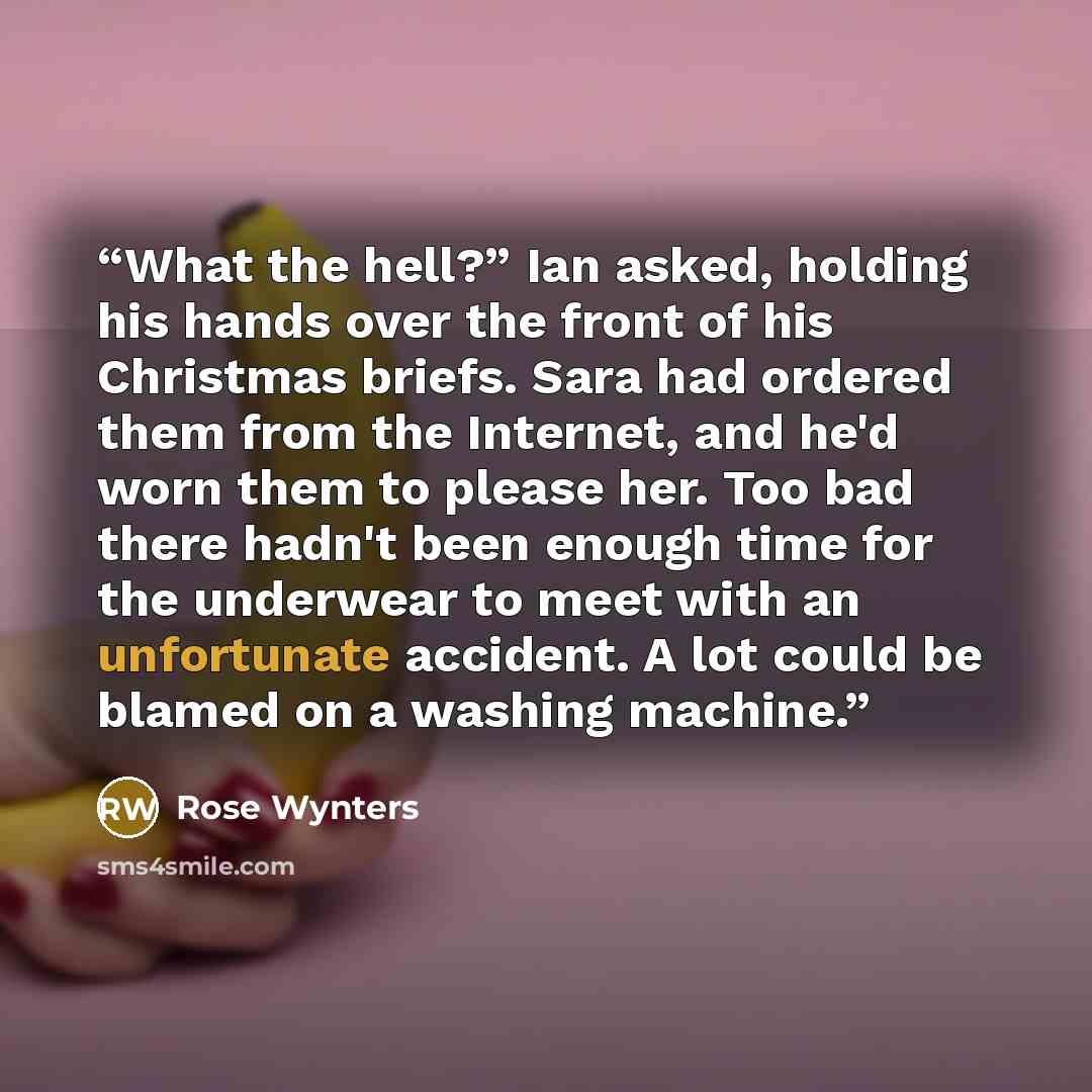 “What the hell?” Ian asked, holding his hands over the front of his Christmas briefs. Sara had ordered them from the Internet, and he'd worn them to please her. Too bad there hadn't been enough time for the underwear to meet with an unfortunate accident. A lot could be blamed on a washing machine.” quote by Rose Wynters