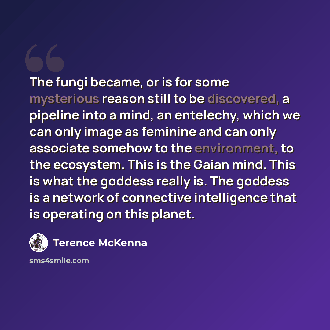 “The fungi became, or is for some mysterious reason still to be discovered, a pipeline into a mind, an entelechy, which we can only image as feminine and can only associate somehow to the environment, to the ecosystem. This is the Gaian mind. This is what the goddess really is. The goddess is a…” quote by Terence McKenna