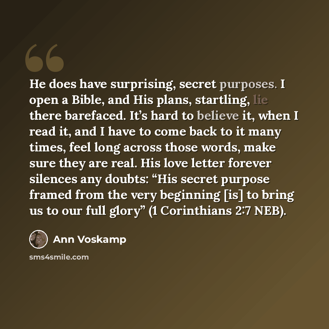 “He does have surprising, secret purposes. I open a Bible, and His plans, startling, lie there barefaced. It’s hard to believe it, when I read it, and I have to come back to it many times, feel long across those words, make sure they are real. His love letter forever silences any doubts: “His…” quote by Ann Voskamp