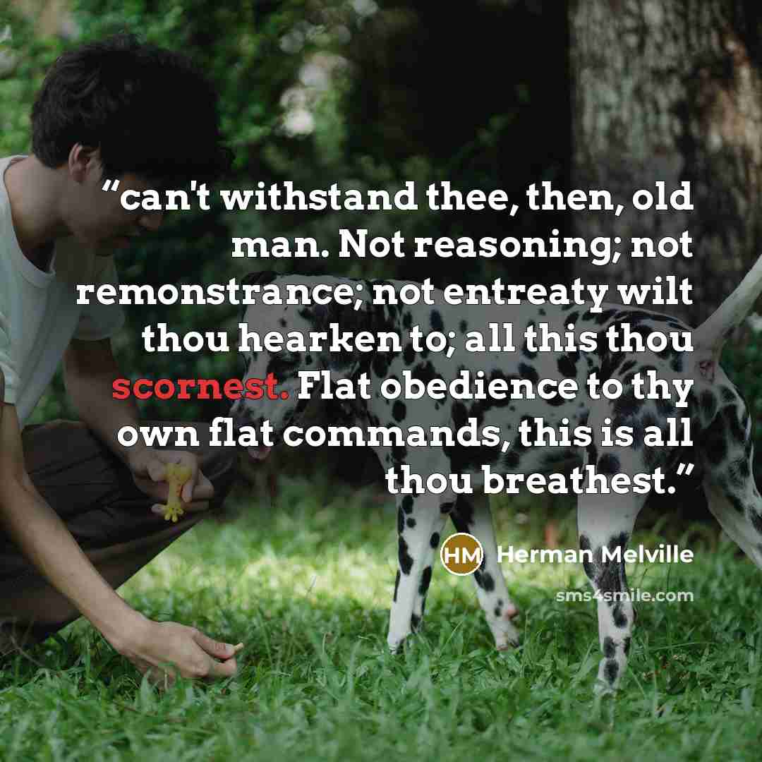 “can't withstand thee, then, old man. Not reasoning; not remonstrance; not entreaty wilt thou hearken to; all this thou scornest. Flat obedience to thy own flat commands, this is all thou breathest.” quote by Herman Melville