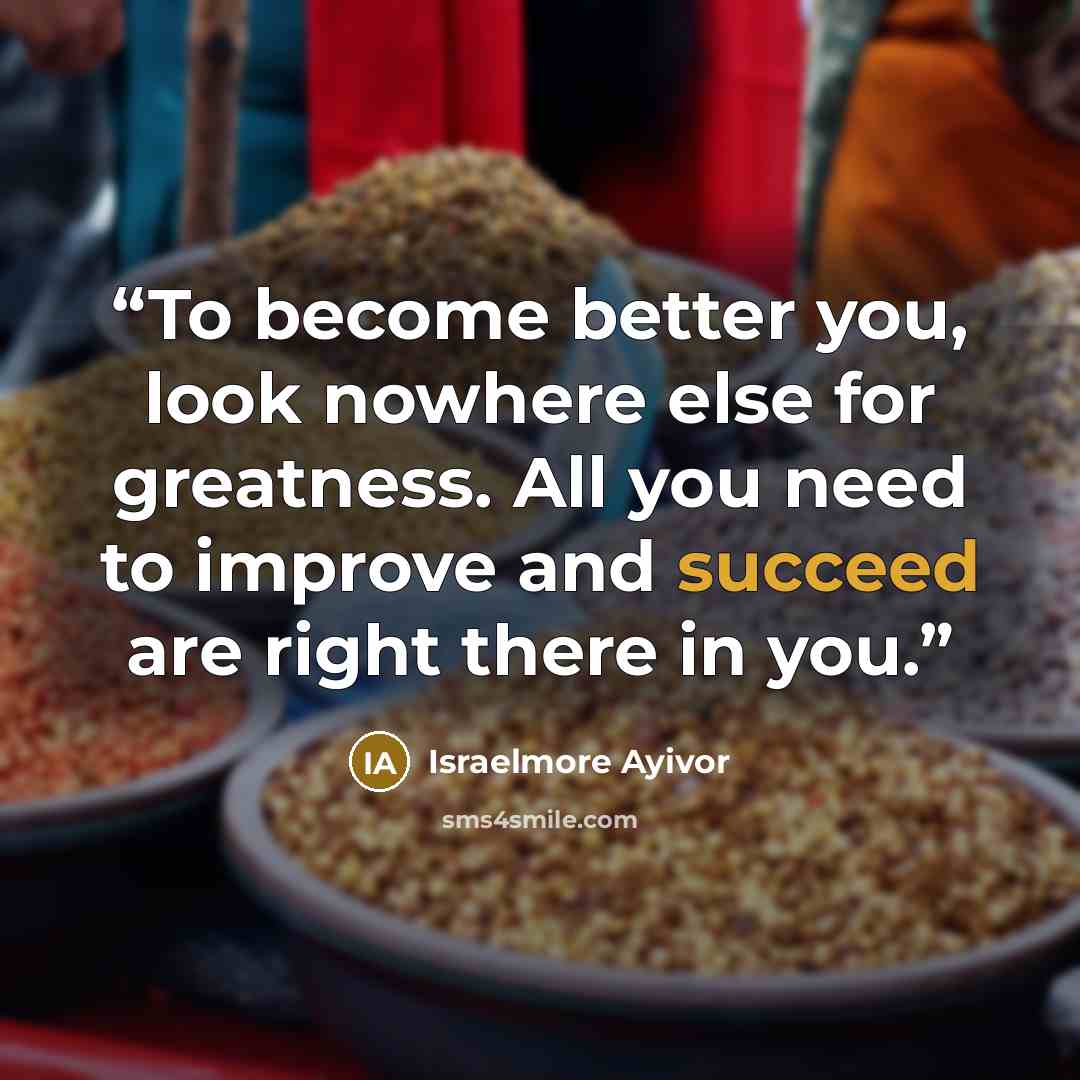 “To become better you, look nowhere else for greatness. All you need to improve and succeed are right there in you.” quote by Israelmore Ayivor