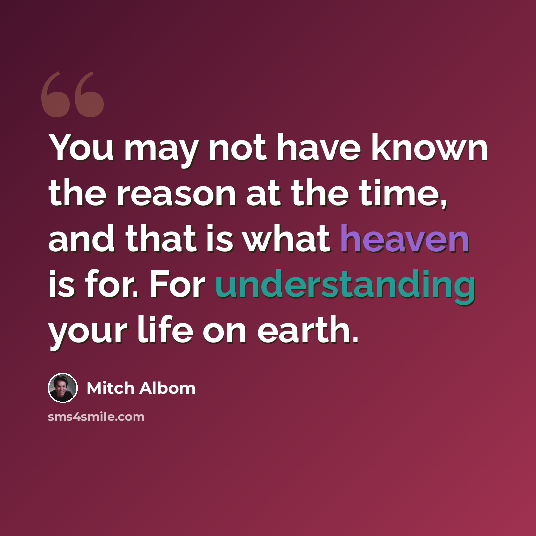 “You may not have known the reason at the time, and that is what heaven is for. For understanding your life on earth.” quote by Mitch Albom