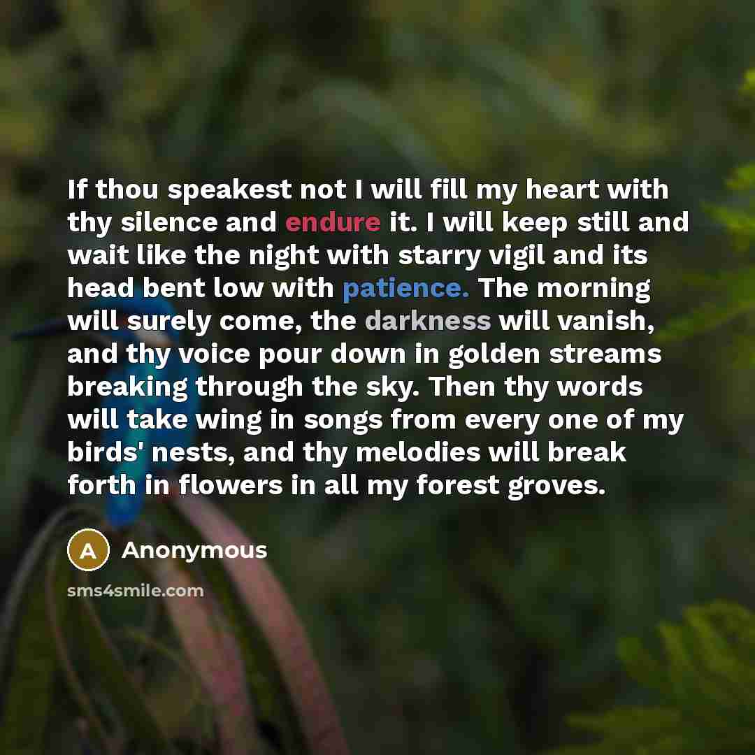 “If thou speakest not I will fill my heart with thy silence and endure it. I will keep still and wait like the night with starry vigil and its head bent low with patience. The morning will surely come, the darkness will vanish, and thy voice pour down in golden streams breaking through the sky…” quote by Anonymous