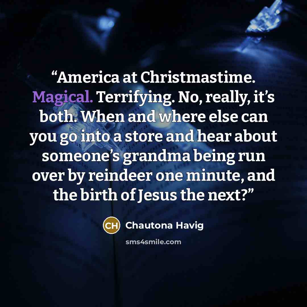 “America at Christmastime. Magical. Terrifying. No, really, it’s both. When and where else can you go into a store and hear about someone’s grandma being run over by reindeer one minute, and the birth of Jesus the next?” quote by Chautona Havig