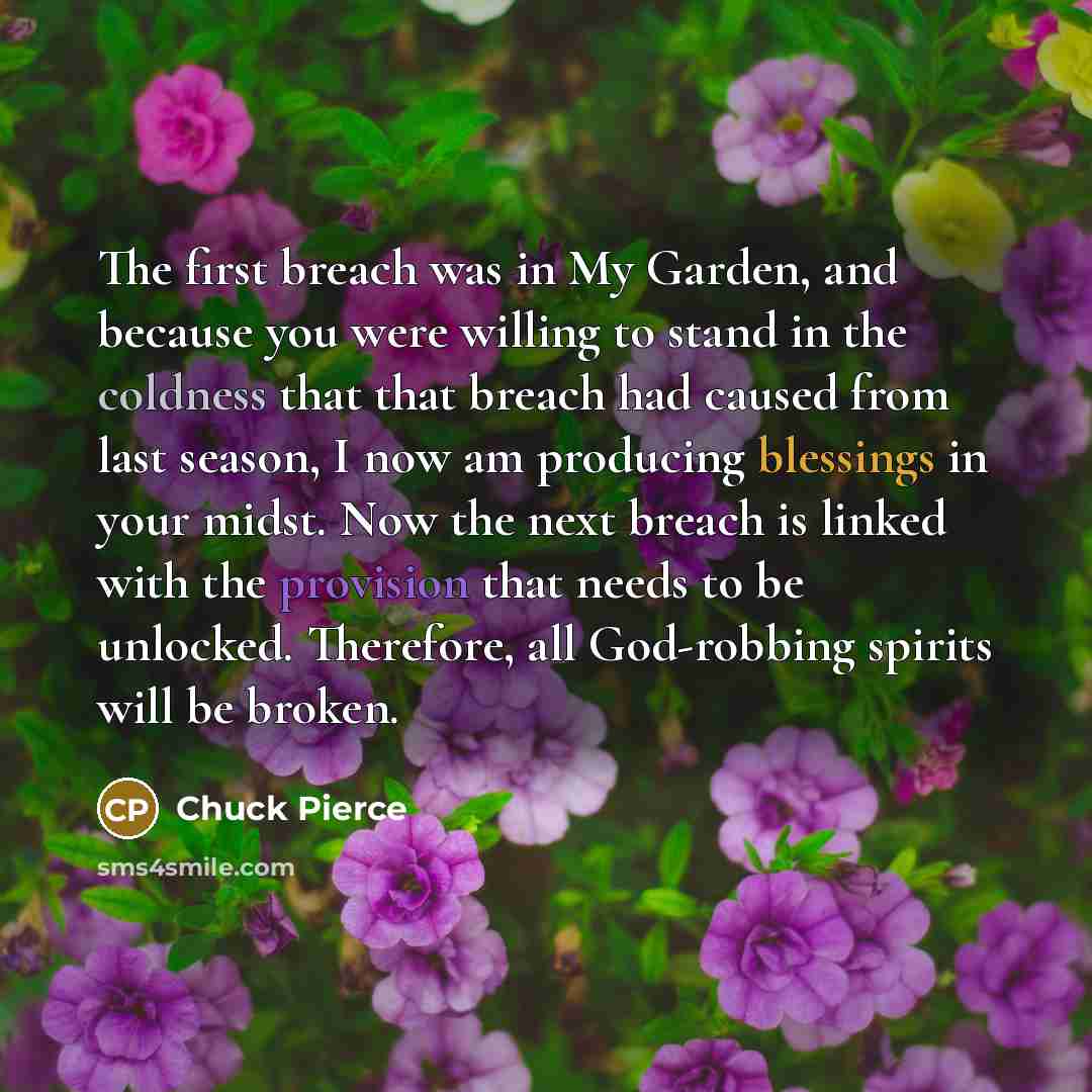 “The first breach was in My Garden, and because you were willing to stand in the coldness that that breach had caused from last season, I now am producing blessings in your midst. Now the next breach is linked with the provision that needs to be unlocked. Therefore, all God-robbing spirits will be…” quote by Chuck Pierce
