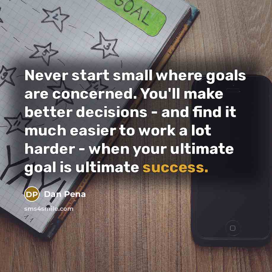 “Never start small where goals are concerned. You'll make better decisions - and find it much easier to work a lot harder - when your ultimate goal is ultimate success.” quote by Dan Pena