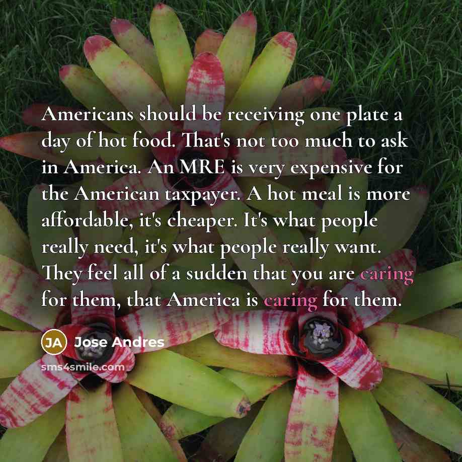“Americans should be receiving one plate a day of hot food. That's not too much to ask in America. An MRE is very expensive for the American taxpayer. A hot meal is more affordable, it's cheaper. It's what people really need, it's what people really want. They feel all of a sudden that you are…” quote by Jose Andres
