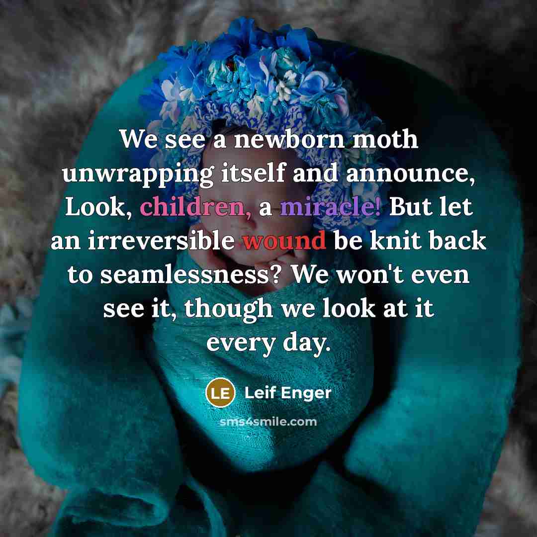 “We see a newborn moth unwrapping itself and announce, Look, children, a miracle! But let an irreversible wound be knit back to seamlessness? We won't even see it, though we look at it every day.” quote by Leif Enger