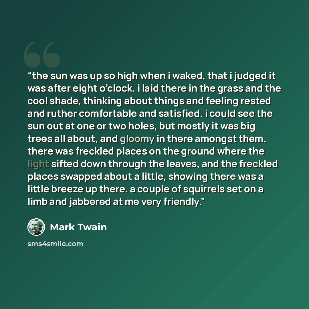 “the sun was up so high when i waked, that i judged it was after eight o’clock. i laid there in the grass and the cool shade, thinking about things and feeling rested and ruther comfortable and satisfied. i could see the sun out at one or two holes, but mostly it was big trees all about, and gloomy…” quote by Mark Twain