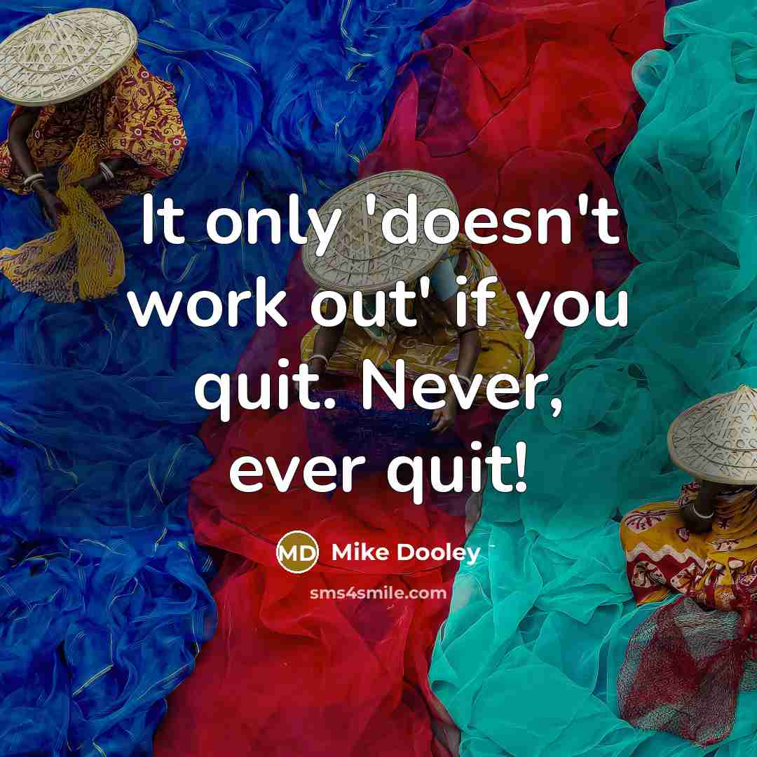 “It only 'doesn't work out' if you quit. Never, ever quit!” quote by Mike Dooley