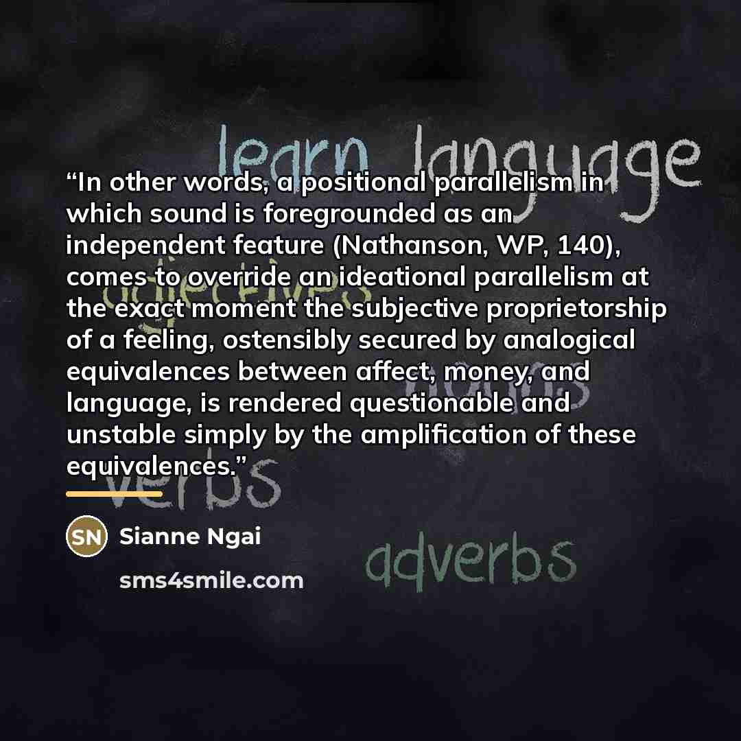 “In other words, a positional parallelism in which sound is foregrounded as an independent feature (Nathanson, WP, 140), comes to override an ideational parallelism at the exact moment the subjective proprietorship of a feeling, ostensibly secured by analogical equivalences between affect, money…” quote by Sianne Ngai