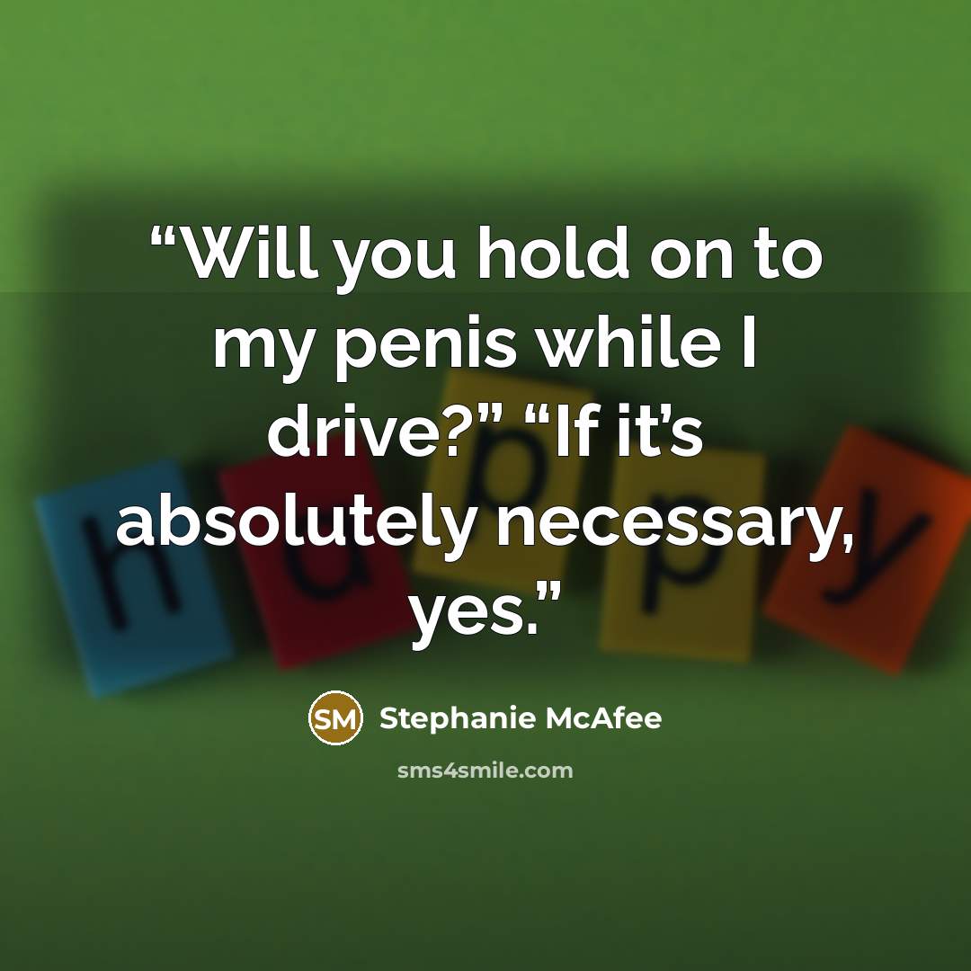 “Will you hold on to my penis while I drive?” “If it’s absolutely necessary, yes.” quote by Stephanie McAfee