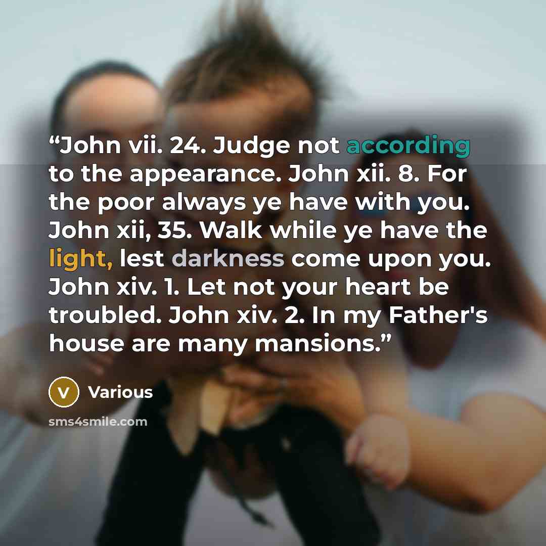 “John vii. 24. Judge not according to the appearance. John xii. 8. For the poor always ye have with you. John xii, 35. Walk while ye have the light, lest darkness come upon you. John xiv. 1. Let not your heart be troubled. John xiv. 2. In my Father's house are many mansions.” quote by Various
