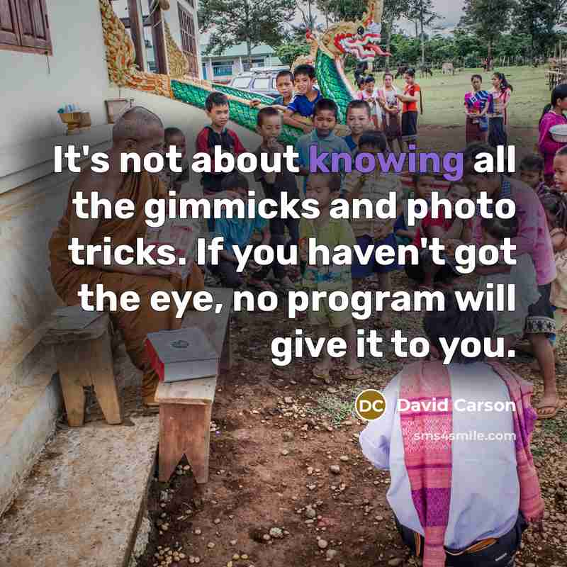 “It's not about knowing all the gimmicks and photo tricks. If you haven't got the eye, no program will give it to you.” quote by David Carson