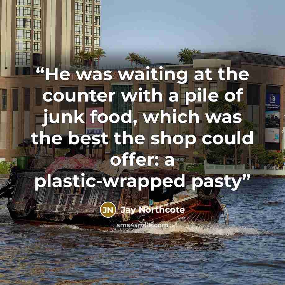 “He was waiting at the counter with a pile of junk food, which was the best the shop could offer: a plastic-wrapped pasty” quote by Jay Northcote