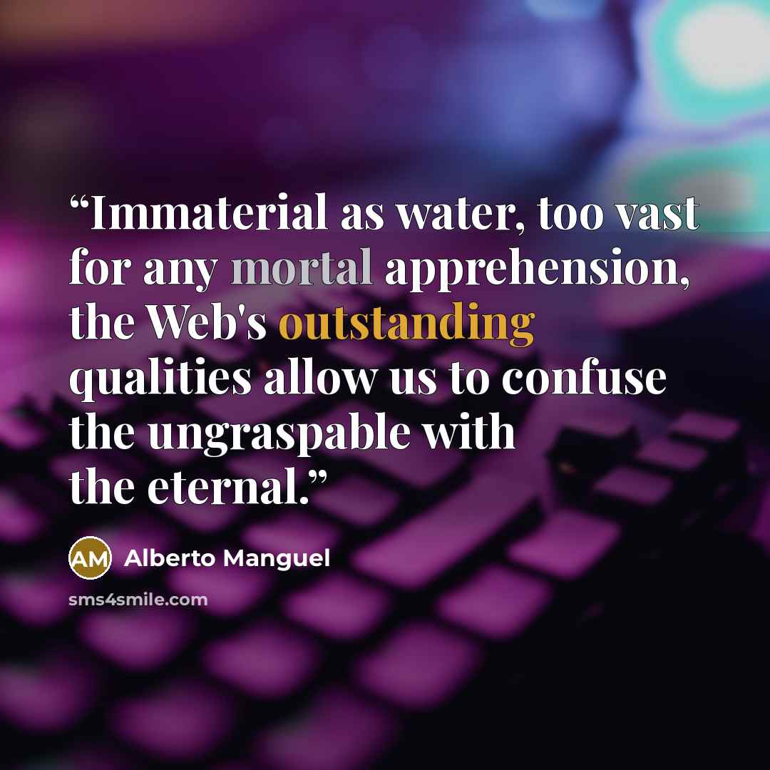 “Immaterial as water, too vast for any mortal apprehension, the Web's outstanding qualities allow us to confuse the ungraspable with the eternal.” quote by Alberto Manguel