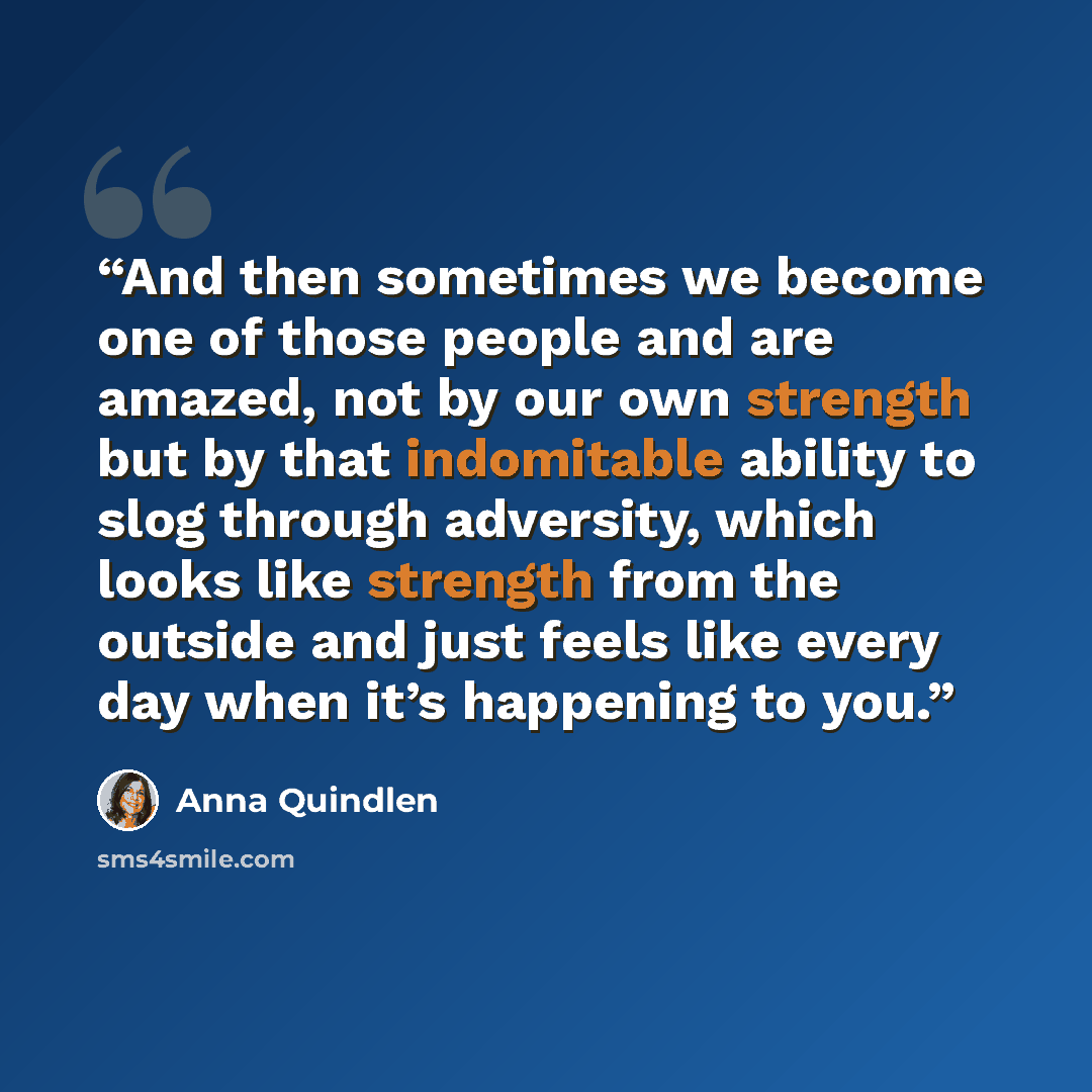 “And then sometimes we become one of those people and are amazed, not by our own strength but by that indomitable ability to slog through adversity, which looks like strength from the outside and just feels like every day when it’s happening to you.” quote by Anna Quindlen
