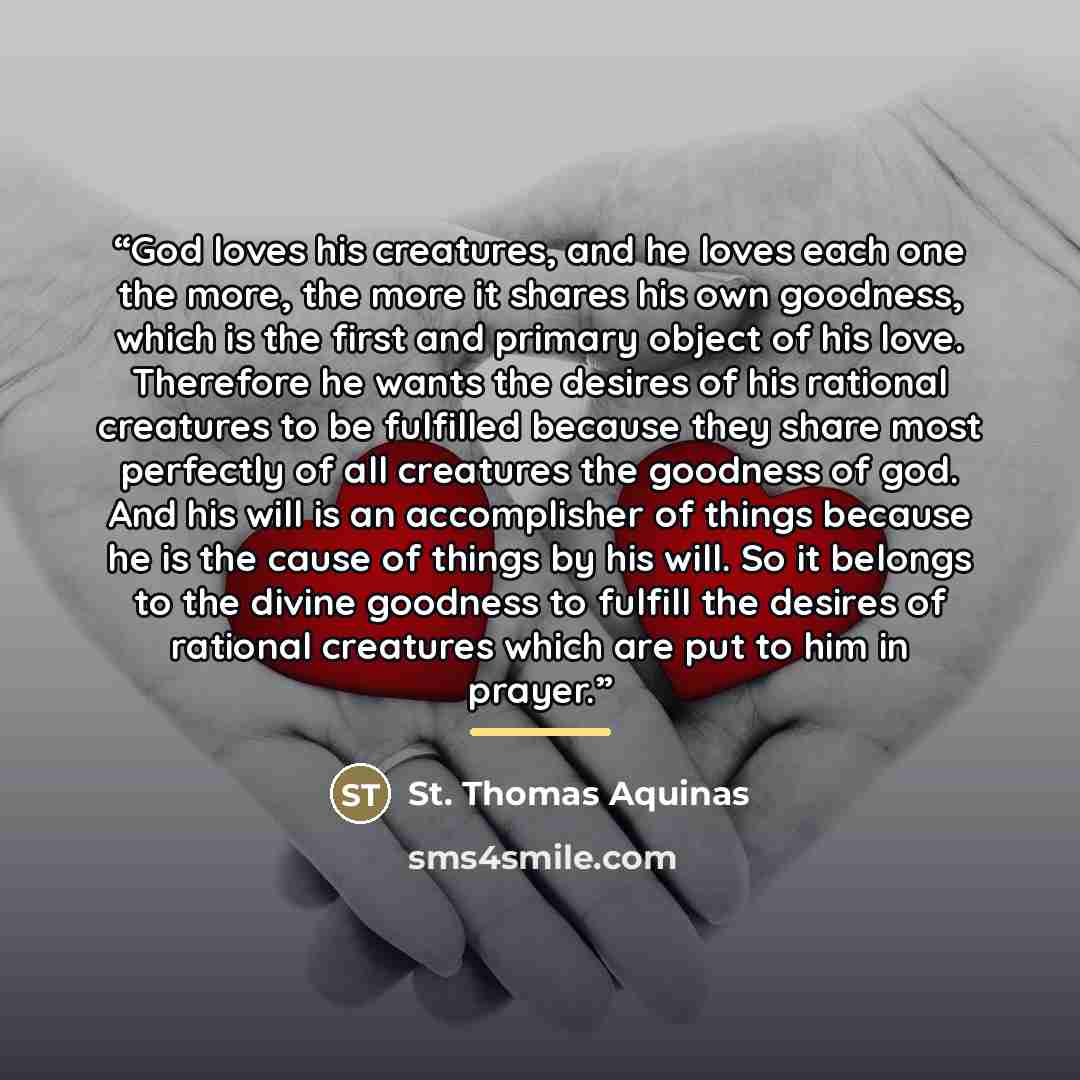 “God loves his creatures, and he loves each one the more, the more it shares his own goodness, which is the first and primary object of his love. Therefore he wants the desires of his rational creatures to be fulfilled because they share most perfectly of all creatures the goodness of god. And his…” quote by St. Thomas Aquinas