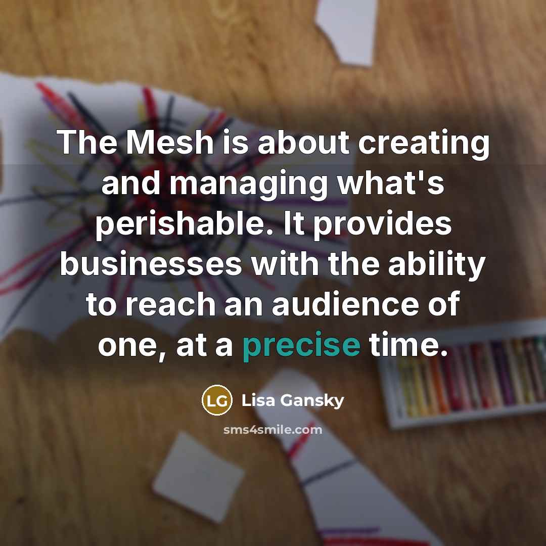“The Mesh is about creating and managing what's perishable. It provides businesses with the ability to reach an audience of one, at a precise time.” quote by Lisa Gansky