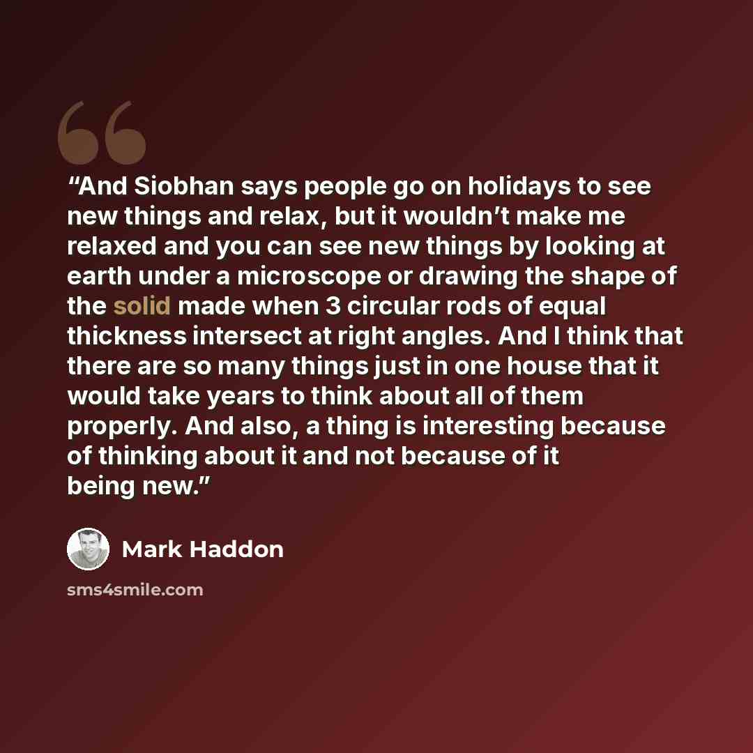 “And Siobhan says people go on holidays to see new things and relax, but it wouldn’t make me relaxed and you can see new things by looking at earth under a microscope or drawing the shape of the solid made when 3 circular rods of equal thickness intersect at right angles. And I think that there are…” quote by Mark Haddon