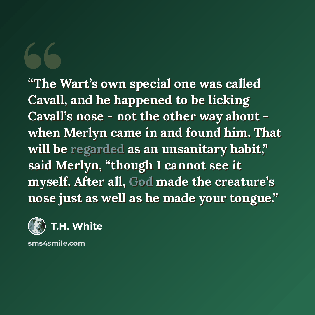 “The Wart’s own special one was called Cavall, and he happened to be licking Cavall’s nose - not the other way about - when Merlyn came in and found him. That will be regarded as an unsanitary habit,” said Merlyn, “though I cannot see it myself. After all, God made the creature’s nose just as well…” quote by T.H. White