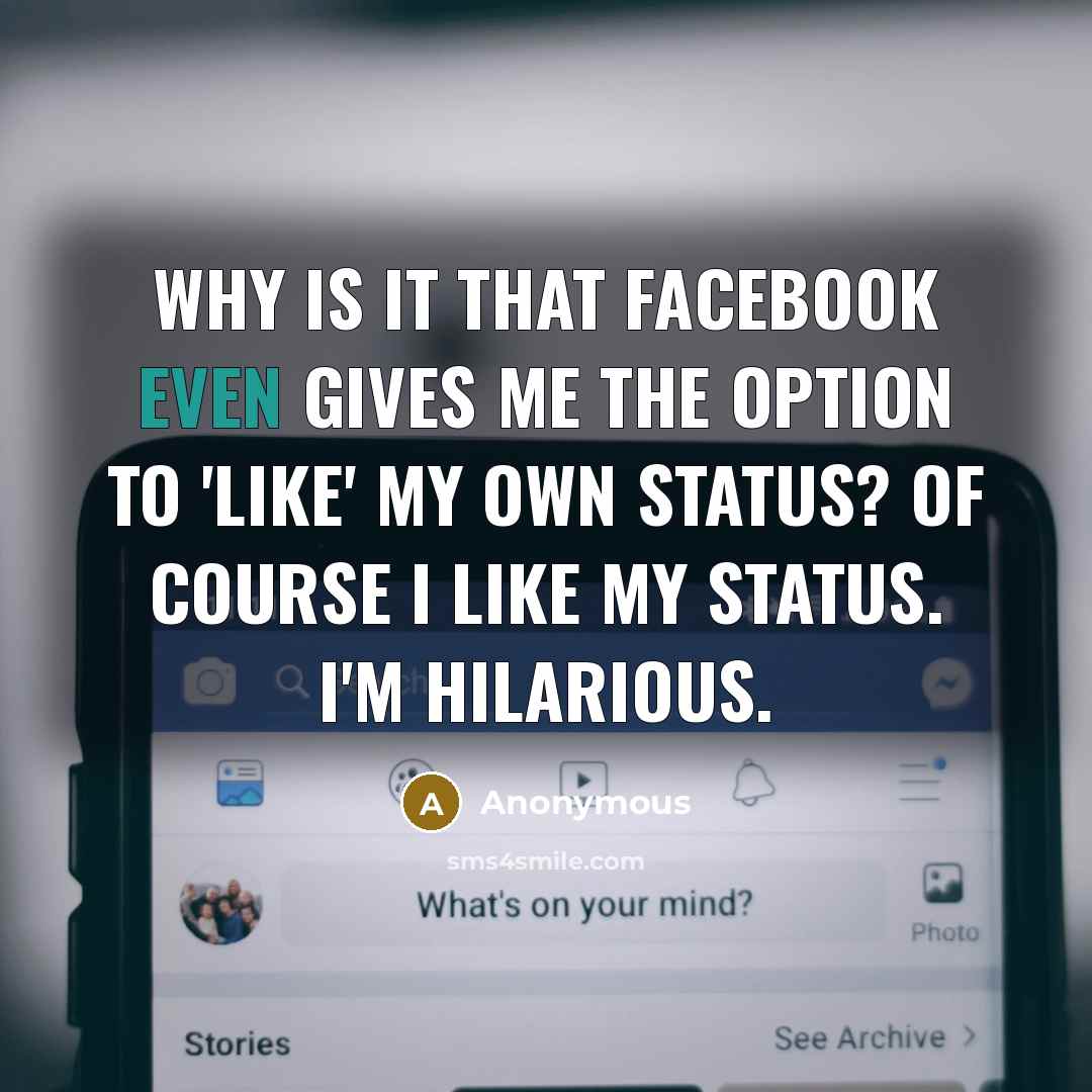 “Why is it that Facebook even gives me the option to 'Like' my own status? Of course I like my status. I'm hilarious.” quote by Anonymous