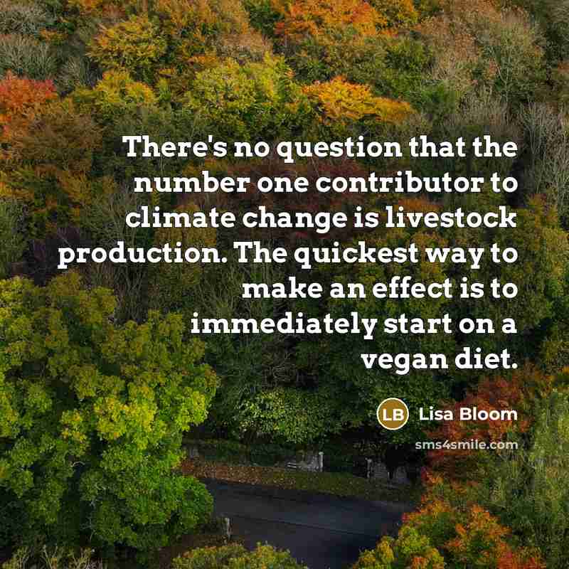 “There's no question that the number one contributor to climate change is livestock production. The quickest way to make an effect is to immediately start on a vegan diet.” quote by Lisa Bloom