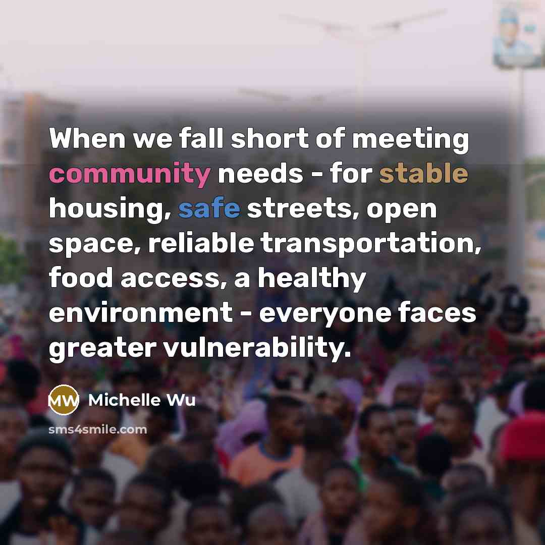 “When we fall short of meeting community needs - for stable housing, safe streets, open space, reliable transportation, food access, a healthy environment - everyone faces greater vulnerability.” quote by Michelle Wu