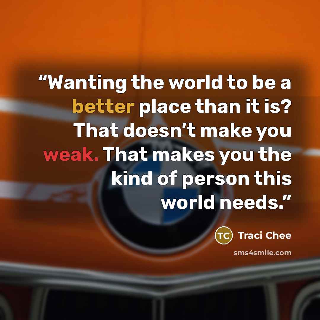 “Wanting the world to be a better place than it is? That doesn’t make you weak. That makes you the kind of person this world needs.” quote by Traci Chee