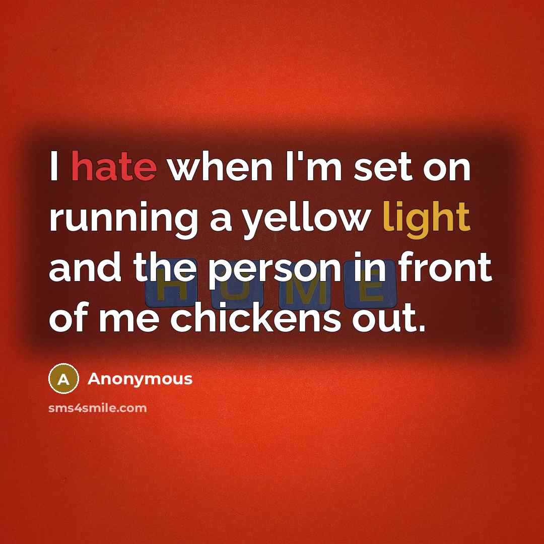 “I hate when I'm set on running a yellow light and the person in front of me chickens out.” quote by Anonymous