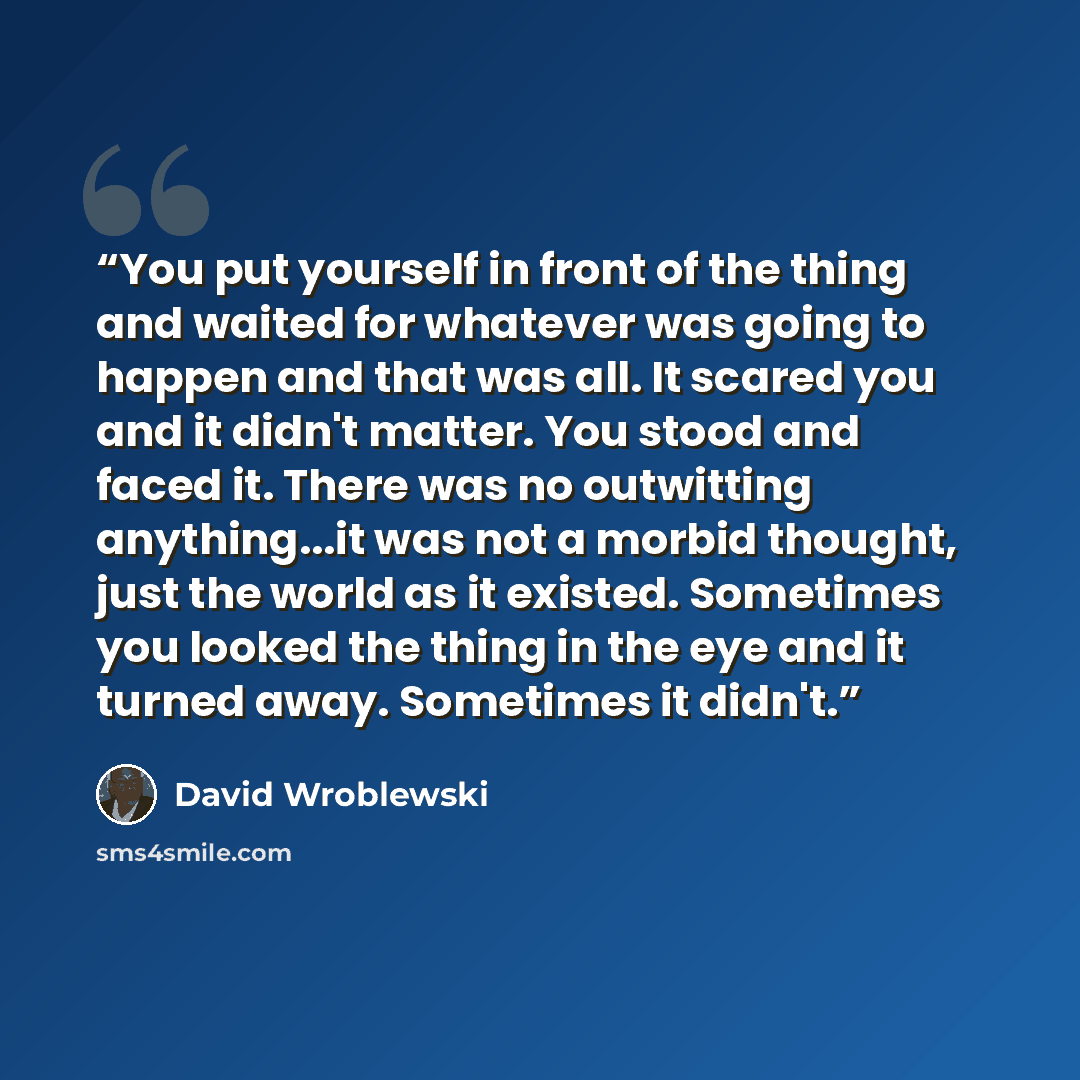 “You put yourself in front of the thing and waited for whatever was going to happen and that was all. It scared you and it didn't matter. You stood and faced it. There was no outwitting anything...it was not a morbid thought, just the world as it existed. Sometimes you looked the thing in the eye…” quote by David Wroblewski