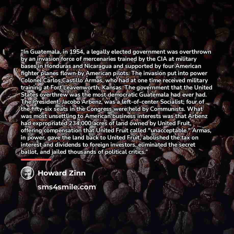“In Guatemala, in 1954, a legally elected government was overthrown by an invasion force of mercenaries trained by the CIA at military bases in Honduras and Nicaragua and supported by four American fighter planes flown by American pilots. The invasion put into power Colonel Carlos Castillo Armas…” quote by Howard Zinn