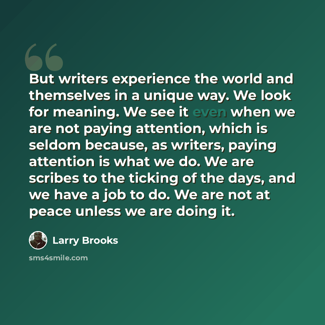 “But writers experience the world and themselves in a unique way. We look for meaning. We see it even when we are not paying attention, which is seldom because, as writers, paying attention is what we do. We are scribes to the ticking of the days, and we have a job to do. We are not at peace unless…” quote by Larry Brooks