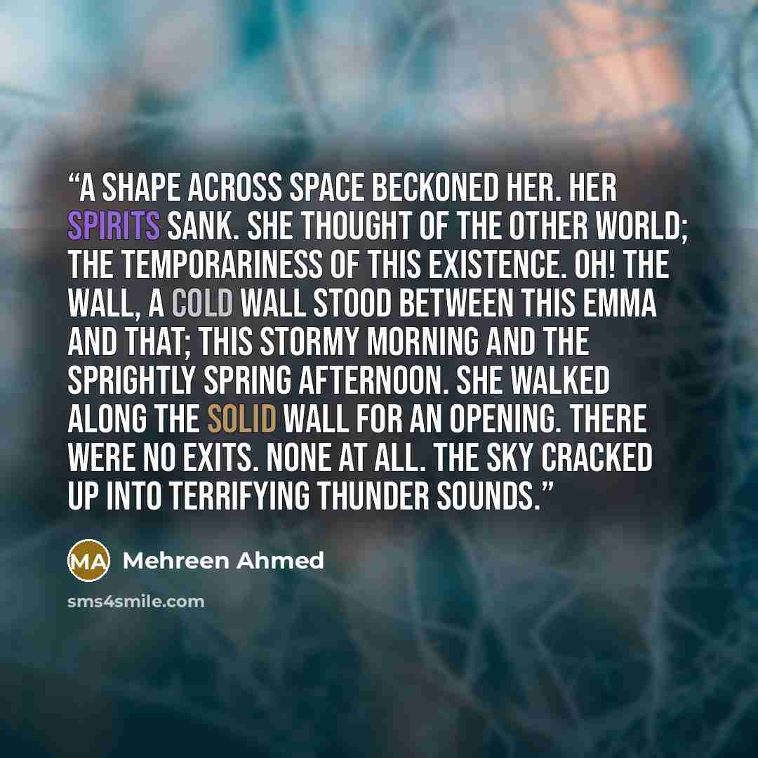 “A shape across space beckoned her. Her spirits sank. She thought of the other world; the temporariness of this existence. Oh! The wall, a cold wall stood between this Emma and that; this stormy morning and the sprightly spring afternoon. She walked along the solid wall for an opening. There were…” quote by Mehreen Ahmed