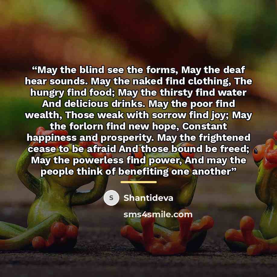 “May the blind see the forms, May the deaf hear sounds. May the naked find clothing, The hungry find food; May the thirsty find water And delicious drinks. May the poor find wealth, Those weak with sorrow find joy; May the forlorn find new hope, Constant happiness and prosperity. May the frightened…” quote by Shantideva