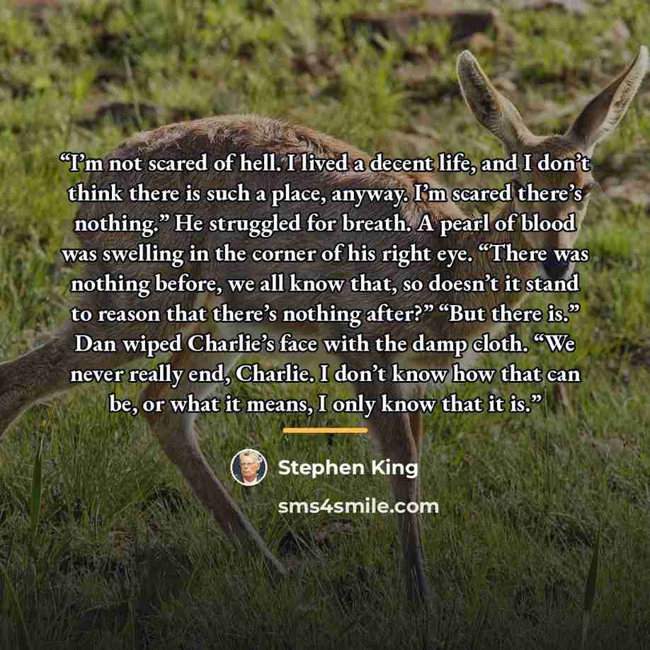“I’m not scared of hell. I lived a decent life, and I don’t think there is such a place, anyway. I’m scared there’s nothing.” He struggled for breath. A pearl of blood was swelling in the corner of his right eye. “There was nothing before, we all know that, so doesn’t it stand to reason that…” quote by Stephen King