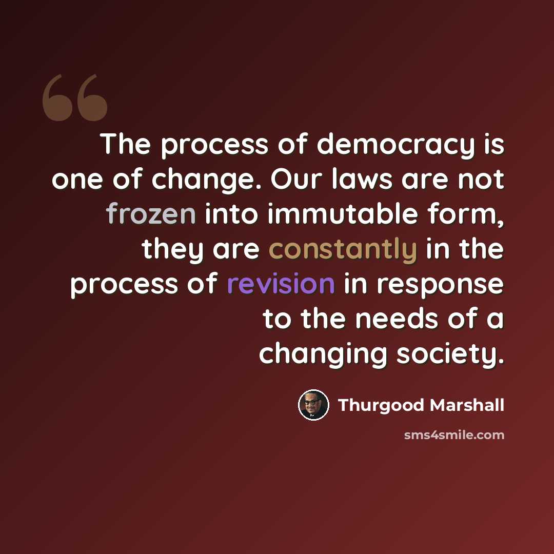 “The process of democracy is one of change. Our laws are not frozen into immutable form, they are constantly in the process of revision in response to the needs of a changing society.” quote by Thurgood Marshall