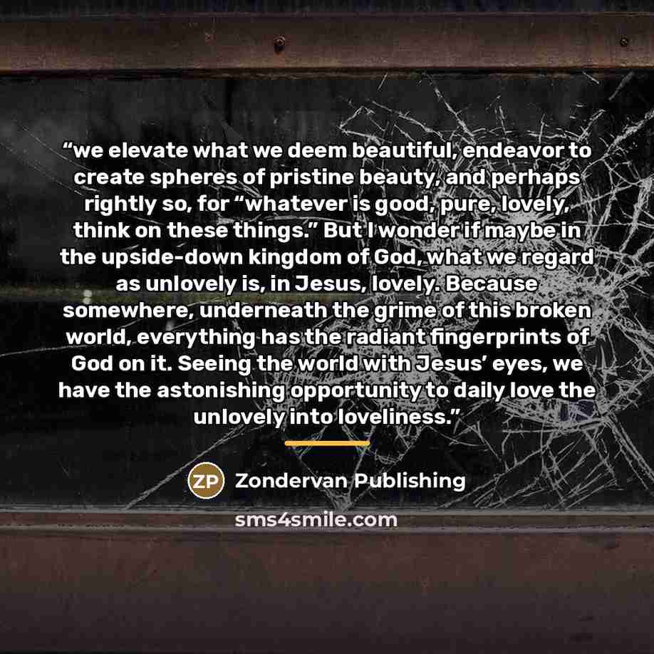 “we elevate what we deem beautiful, endeavor to create spheres of pristine beauty, and perhaps rightly so, for “whatever is good, pure, lovely, think on these things.” But I wonder if maybe in the upside-down kingdom of God, what we regard as unlovely is, in Jesus, lovely. Because somewhere…” quote by Zondervan Publishing