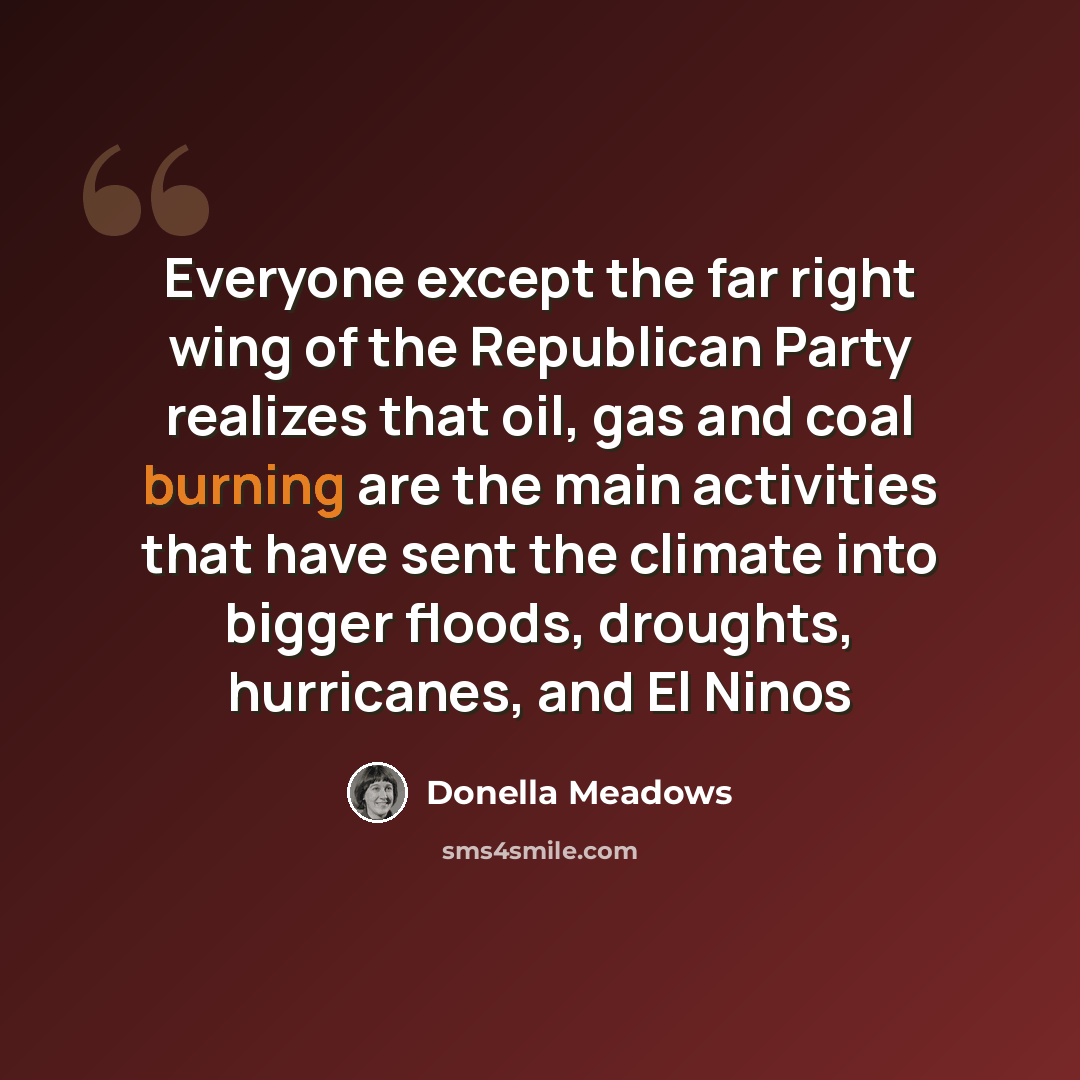 “Everyone except the far right wing of the Republican Party realizes that oil, gas and coal burning are the main activities that have sent the climate into bigger floods, droughts, hurricanes, and El Ninos” quote by Donella Meadows
