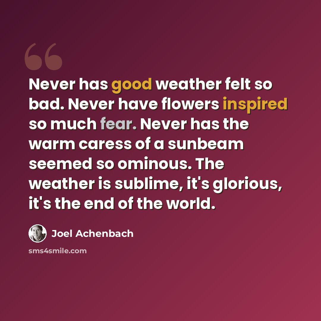 “Never has good weather felt so bad. Never have flowers inspired so much fear. Never has the warm caress of a sunbeam seemed so ominous. The weather is sublime, it's glorious, it's the end of the world.” quote by Joel Achenbach