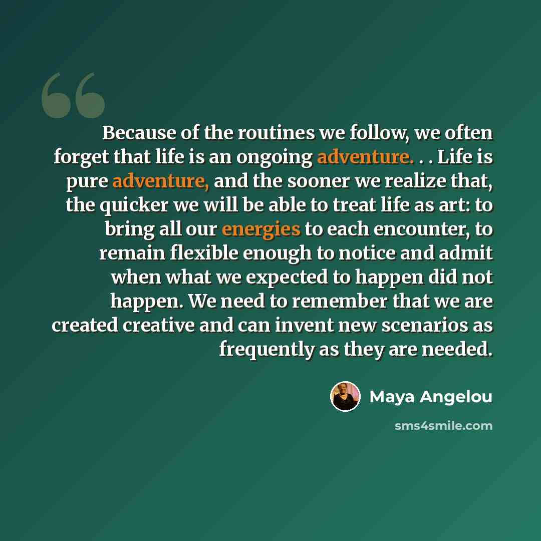 “Because of the routines we follow, we often forget that life is an ongoing adventure. . . Life is pure adventure, and the sooner we realize that, the quicker we will be able to treat life as art: to bring all our energies to each encounter, to remain flexible enough to notice and admit when what…” quote by Maya Angelou