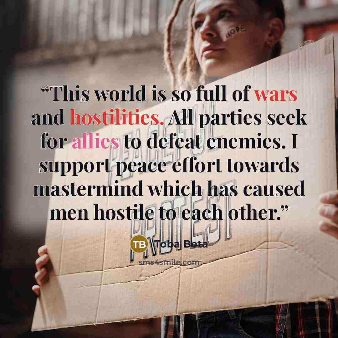 “This world is so full of wars and hostilities. All parties seek for allies to defeat enemies. I support peace effort towards mastermind which has caused men hostile to each other.” quote by Toba Beta