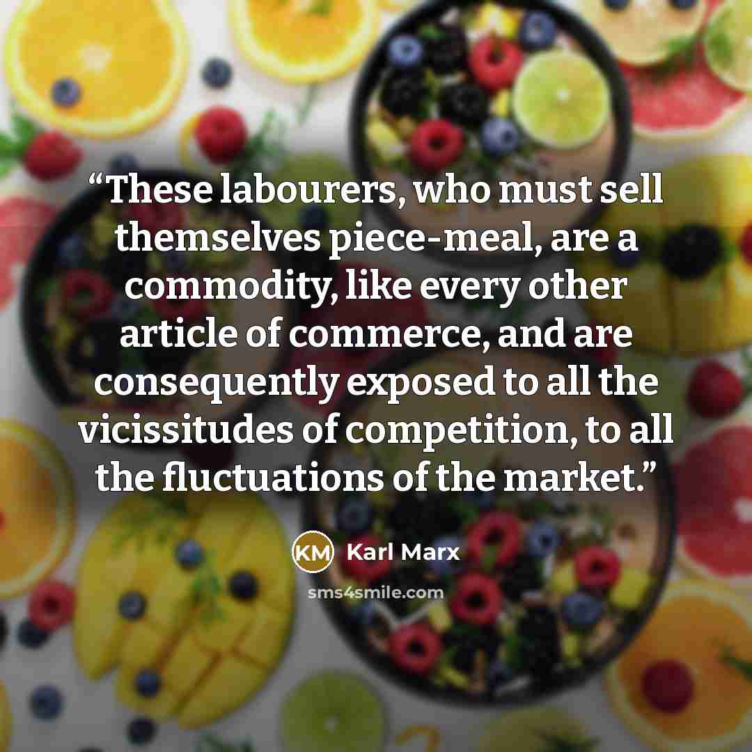 “These labourers, who must sell themselves piece-meal, are a commodity, like every other article of commerce, and are consequently exposed to all the vicissitudes of competition, to all the fluctuations of the market.” quote by Karl Marx