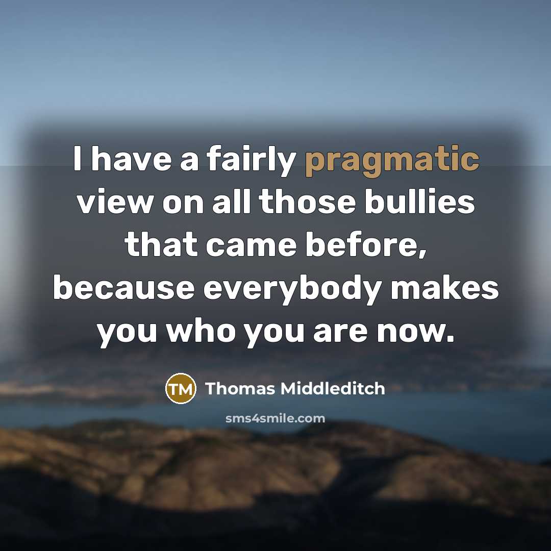 “I have a fairly pragmatic view on all those bullies that came before, because everybody makes you who you are now.” quote by Thomas Middleditch