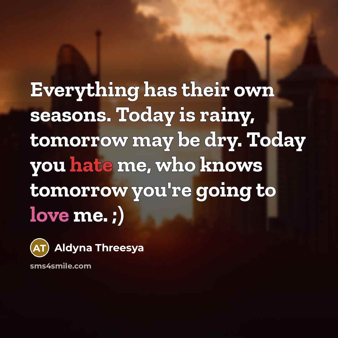 “Everything has their own seasons. Today is rainy, tomorrow may be dry. Today you hate me, who knows tomorrow you're going to love me. ;)” quote by Aldyna Threesya