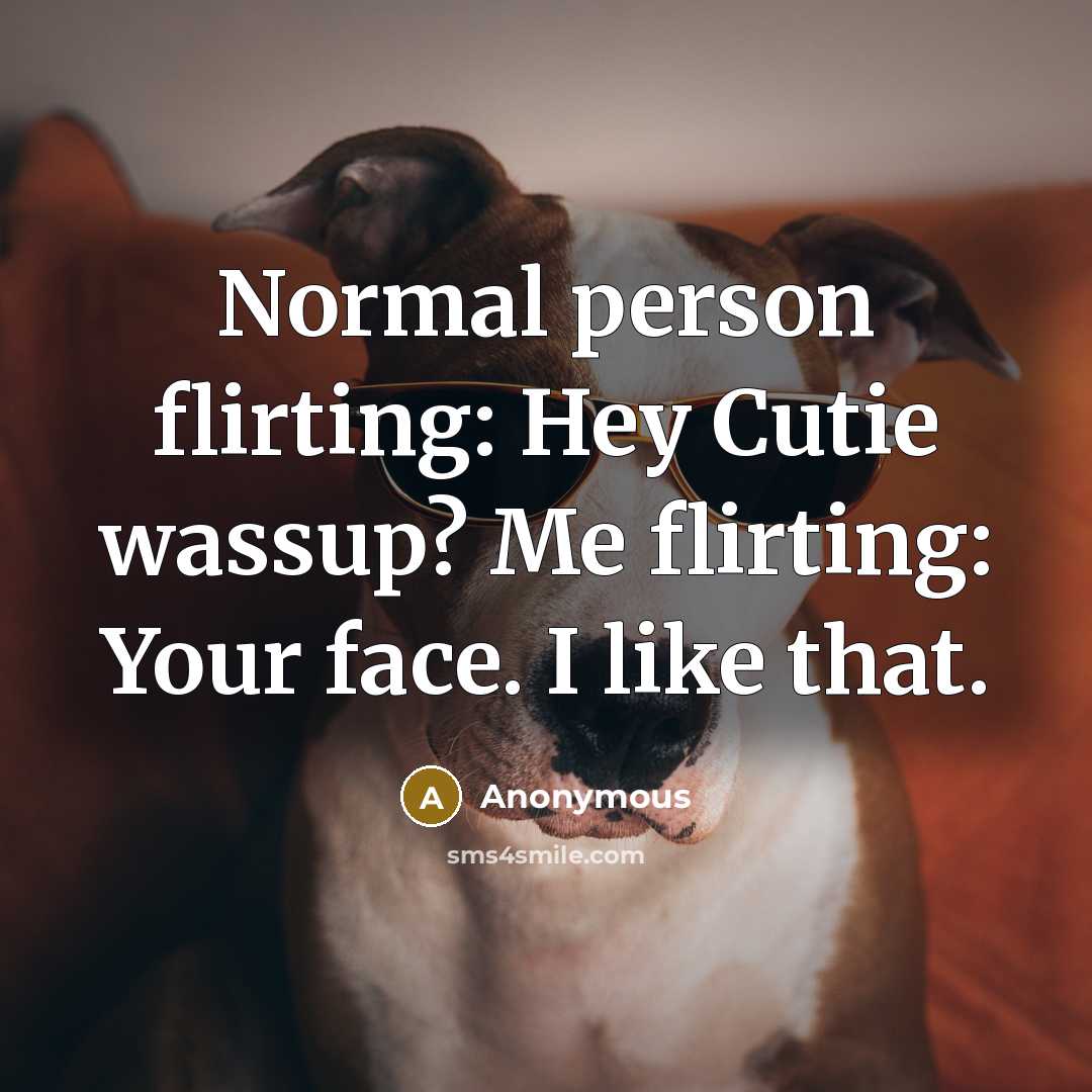 “Normal person flirting: Hey Cutie wassup? Me flirting: Your face. I like that.” quote by Anonymous