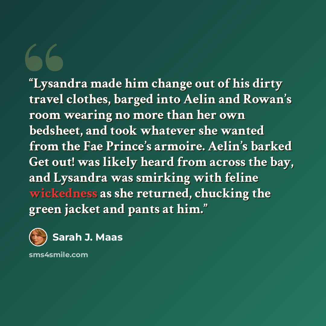 “Lysandra made him change out of his dirty travel clothes, barged into Aelin and Rowan’s room wearing no more than her own bedsheet, and took whatever she wanted from the Fae Prince’s armoire. Aelin’s barked Get out! was likely heard from across the bay, and Lysandra was smirking with feline…” quote by Sarah J. Maas