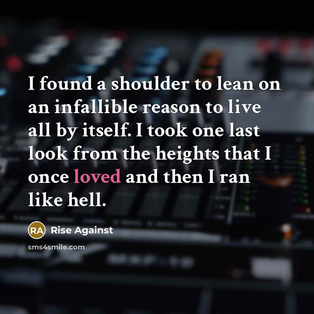 “I found a shoulder to lean on an infallible reason to live all by itself. I took one last look from the heights that I once loved and then I ran like hell.” quote by Rise Against