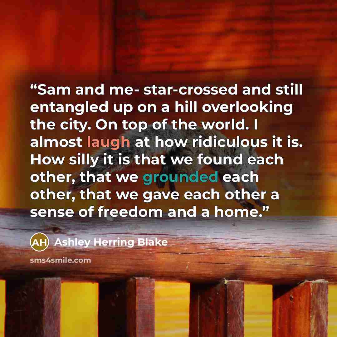 “Sam and me- star-crossed and still entangled up on a hill overlooking the city. On top of the world. I almost laugh at how ridiculous it is. How silly it is that we found each other, that we grounded each other, that we gave each other a sense of freedom and a home.” quote by Ashley Herring Blake